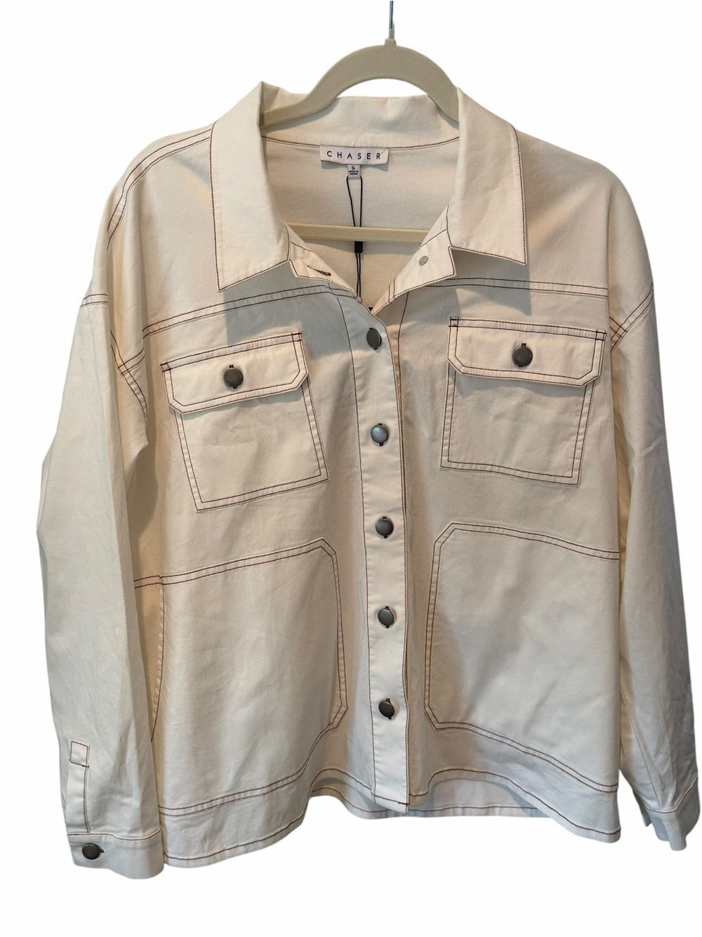 Chaser Button Down Jacket Cream Contrast Stitch Snap Front Small NWT